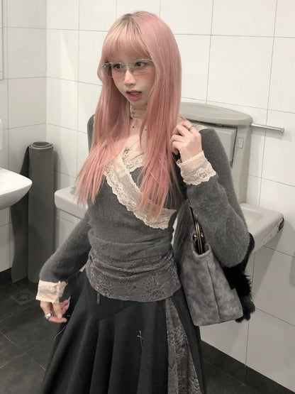 Gray & Pink Lace Trim Crossover Long Sleeve Top