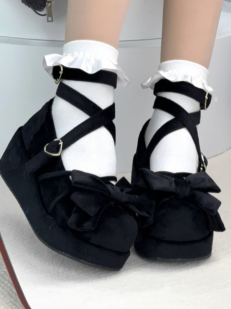 Bow Accents, Crisscross Details & Adorable Buckle Velvet Black Platform Shoes in Sweet Lolita