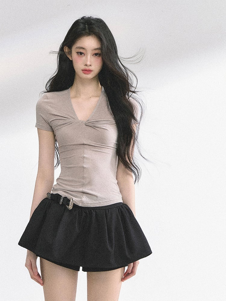 Light Gray Twist Detail Neckline Slim-fitting T-shirt