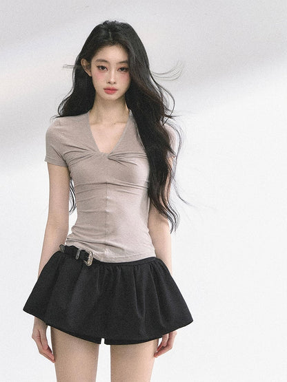 Light Gray Twist Detail Neckline Slim-fitting T-shirt