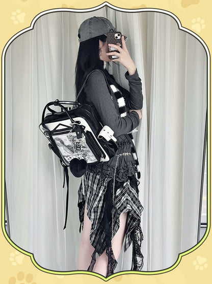 Black & White Large Capacity Daily Ita Backpack With Cute Puppy Print