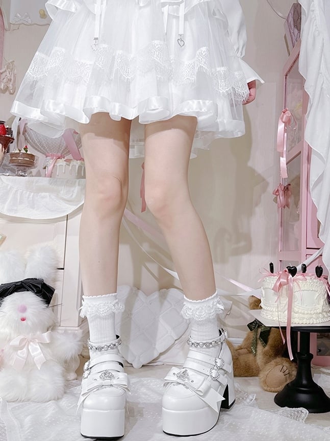 Matte White Jirai Kei Rhinestone Decorated Heart-shaped Buckle Design Bow at Top Platform High Block Heels