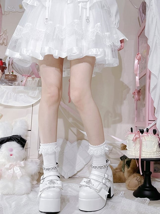 Matte White Jirai Kei Rhinestone Decorated Heart-shaped Buckle Design Bow at Top Platform High Block Heels