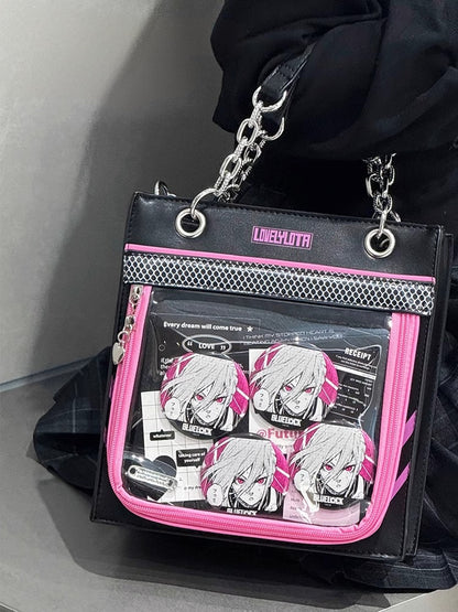 Black & Dark Pink Sweetheart Charm Zipper Ita Shoulder Bag