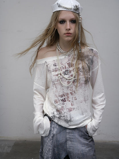 Blue/Beige Wasteland Punk Letter Print Asymmetrical Neckline Long Sleeves Top