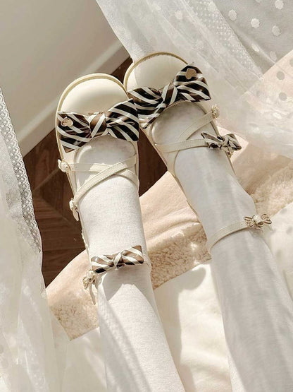 Beige&Brown Striped Pattern Bow at Top Crisscross Design Heart Buckles Lolita Shoes