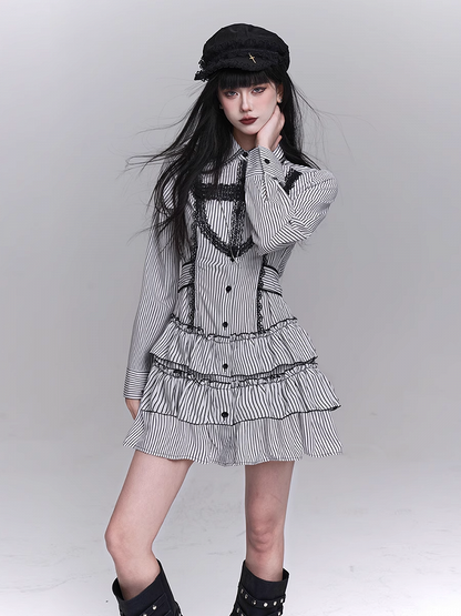 Gothic Lace Cross Tiered Skirt Black and White Striped Shirt Dress
