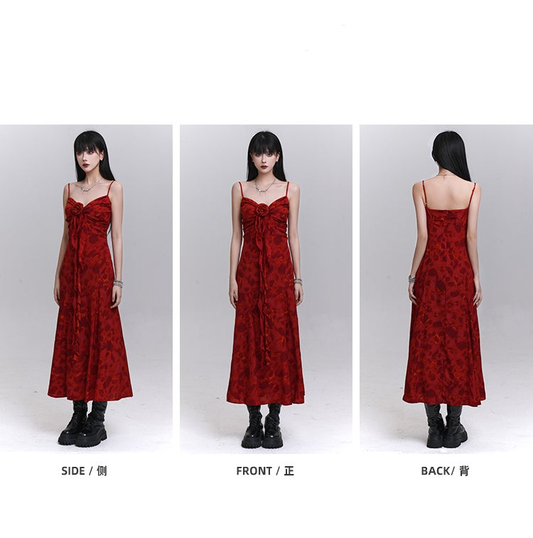 Red Sweetheart Neckline Cascading Ruffle Floral Cami Dress