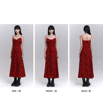 Red Sweetheart Neckline Cascading Ruffle Floral Cami Dress