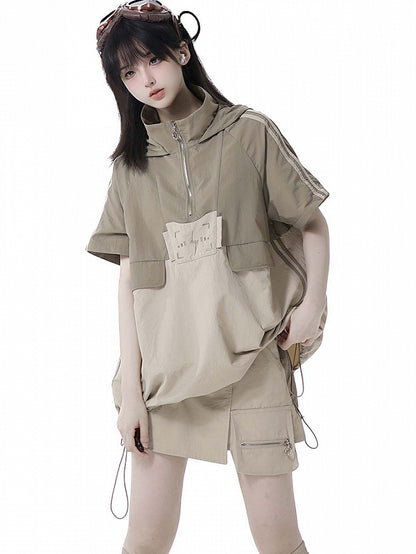 Khaki Colorblock Lightning Embroidery Drawstring Hem Techwear Hooded T-shirt