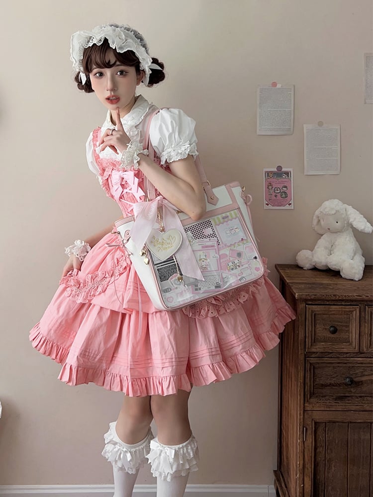 White and Pink Bowknot and Heart-shaped Charm Ita Bag