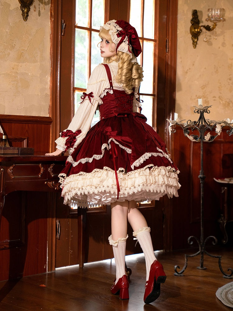 Bows Decoration Candle Embroidery Red Velvet Dress Lolita JSK / Set