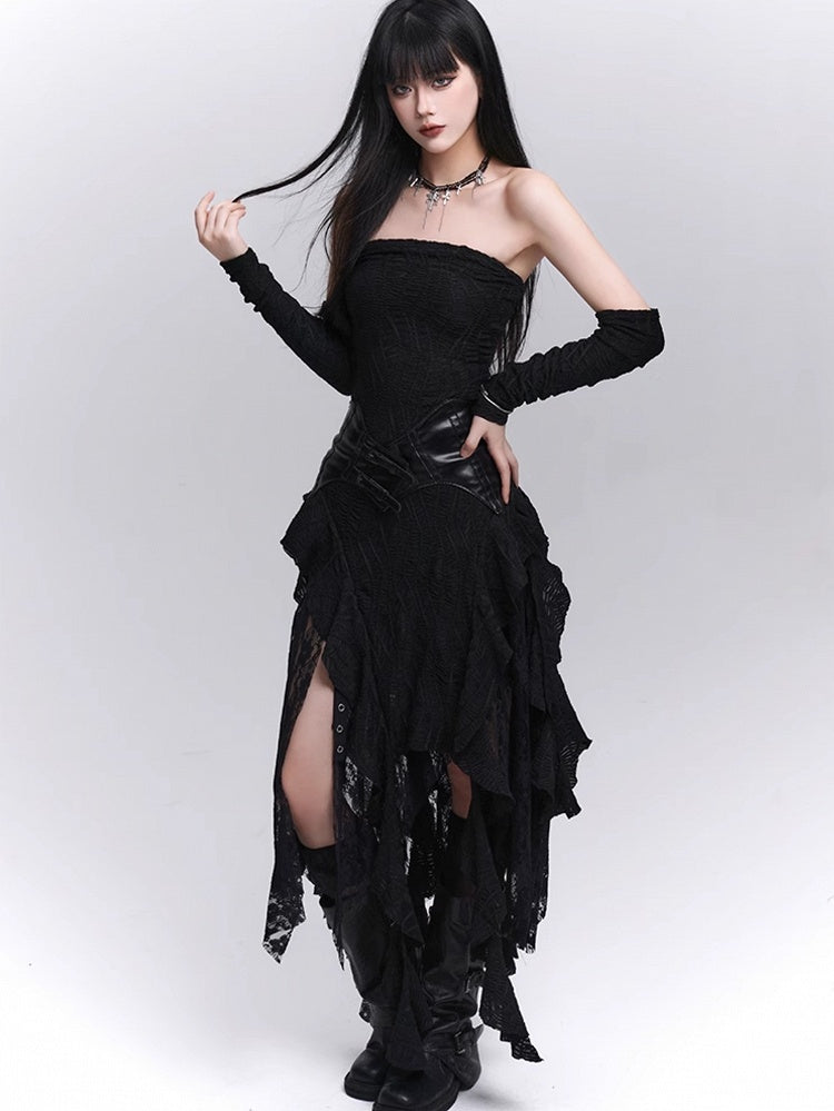 Black Asymmetrical Cascading Ruffles Strapless Dress with Free Armwears