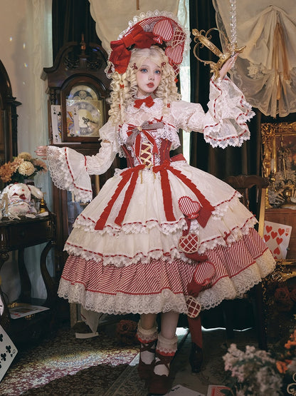 Red Queen Red Bow Accents Boned Corset Top + Tiered Skirt Gorgeous Hime Lolita Full Set