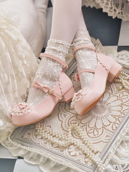 Baby Pink Bow at Top Lace Trim Heart Buckles Round Toe Lolita Shoes