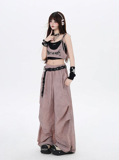 Dusty Pink Drawstring Waist Wasteland Punk Pants with Asymmetrical Waist Accessory