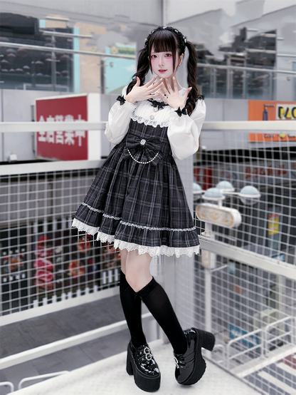 Vintage Academia Dress: Jirai Kei Gray Plaid with Peter Pan Collar & Big Waist Bow