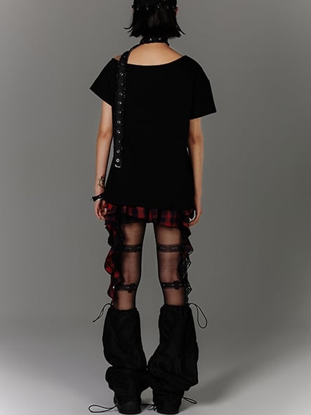 Y2K Asymmetrical Ruffled Red Plaid Hem Black PU Punk Skirt