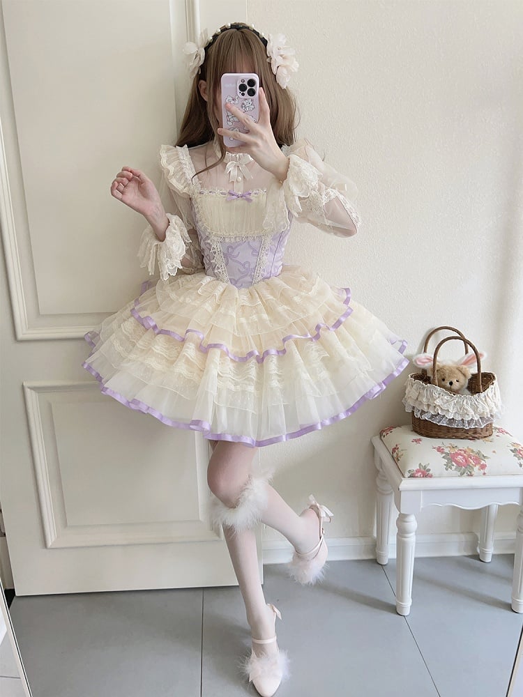 Purple Bows Print Basque Waist Balletcore Lolita Jumper Skirt