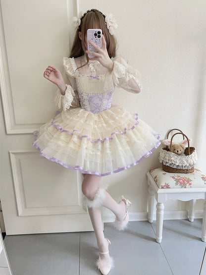 Purple Bows Print Basque Waist Balletcore Lolita Jumper Skirt