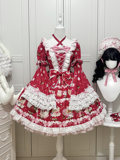 Strawberry Cake Print Red Sweet Lolita Short Sleeves Dress with Detachable Bell Sleeves