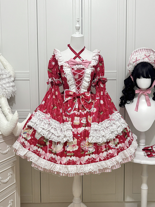 Strawberry Cake Print Red Sweet Lolita Short Sleeves Dress with Detachable Bell Sleeves