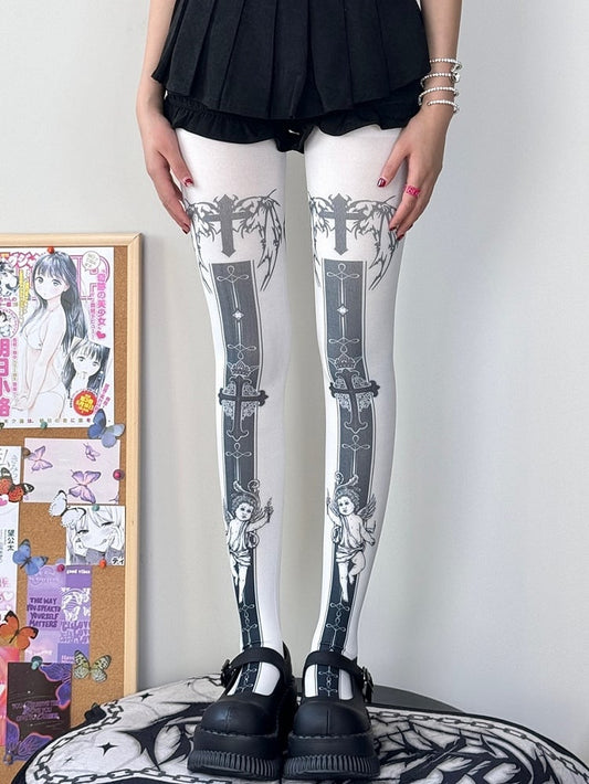 White Cross And Angel Print Tights