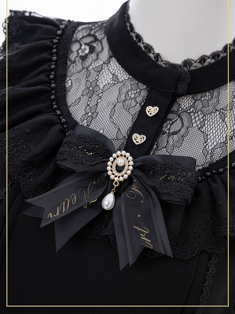 Jirai Kei Black Illusion Neckline Cutout Shoulder Short Sleeve Blouse with Free Bowtie