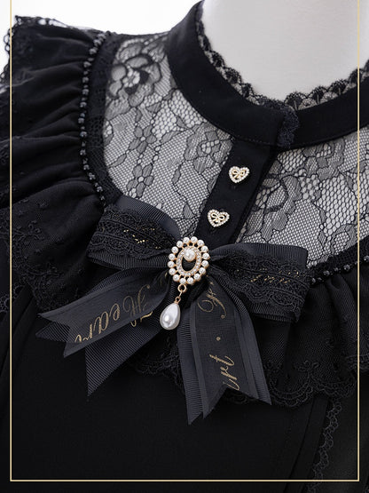 Jirai Kei Black Illusion Neckline Cutout Shoulder Short Sleeve Blouse with Free Bowtie