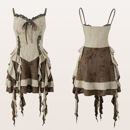 Plus Size Basque Waist Cascading Ruffles Distressed Holes Wasteland Punk Brown Cami Dress