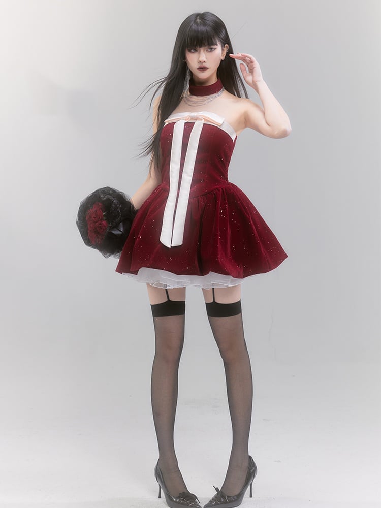 Red Off-the-shoulder Neckline Big Bow Sequins Puffy Dress