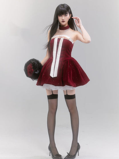 Red Off-the-shoulder Neckline Big Bow Sequins Puffy Dress