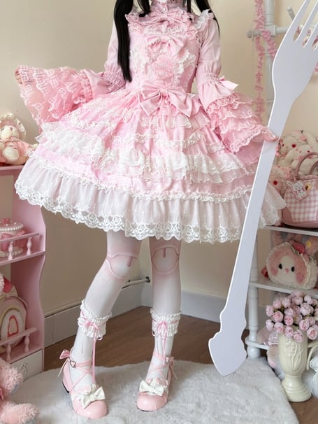 White Lace Trims Pink Bows Decorated Hanayome Dress Lolita Jumper Skirt