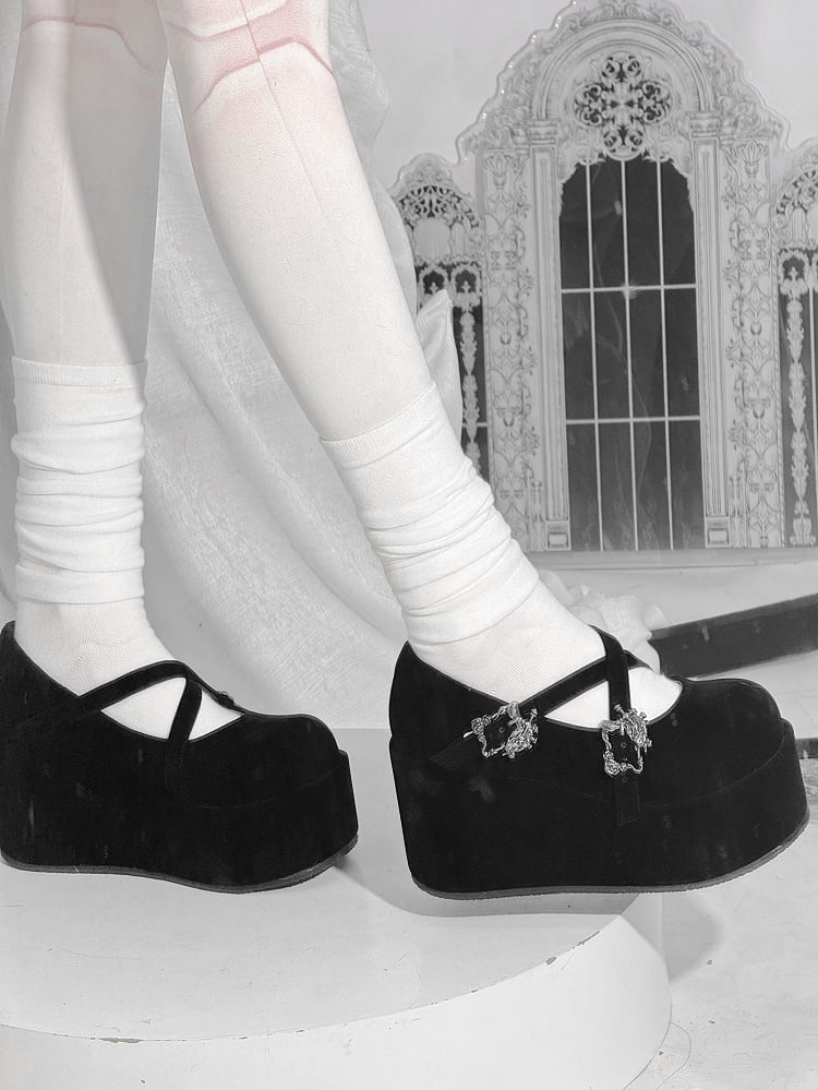 Velvet Black Gothic Crosscriss Design Platform Mary Janes With Detachable Buckles