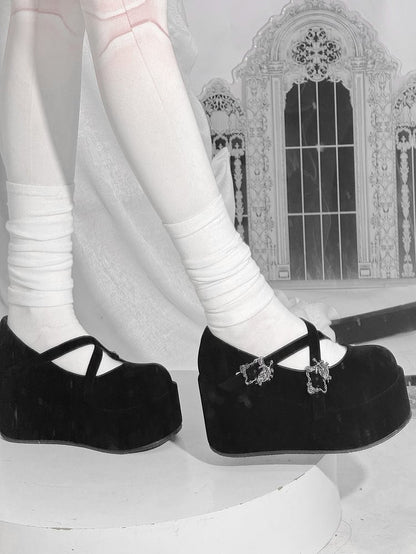 Velvet Black Gothic Crosscriss Design Platform Mary Janes With Detachable Buckles