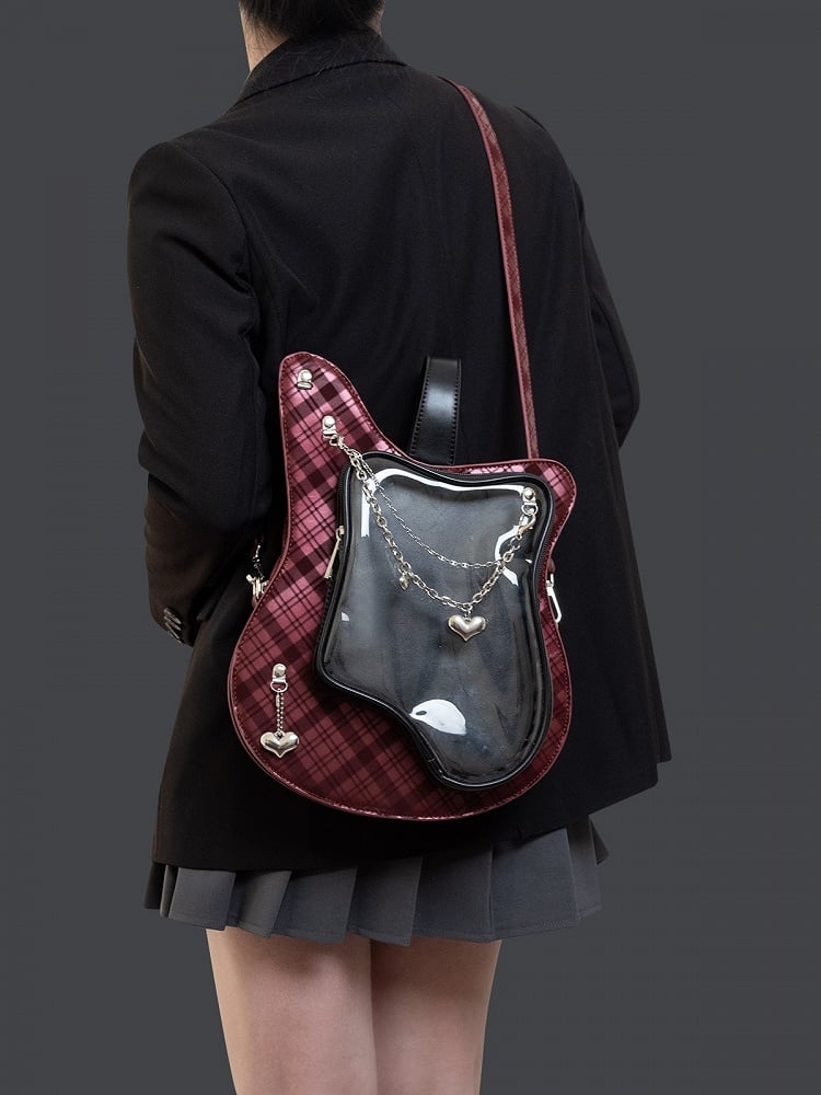 Edgy 2-Way Y2K Black & Red Plaid Guitar-Shaped Ita Bag With Heart Chain Accents