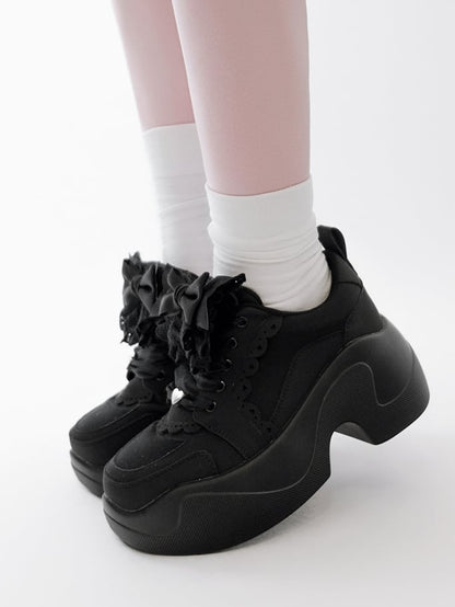 Black Jirai Kei Detachable Bowknot Lace Trim Front Lace-up Ties Sneakers