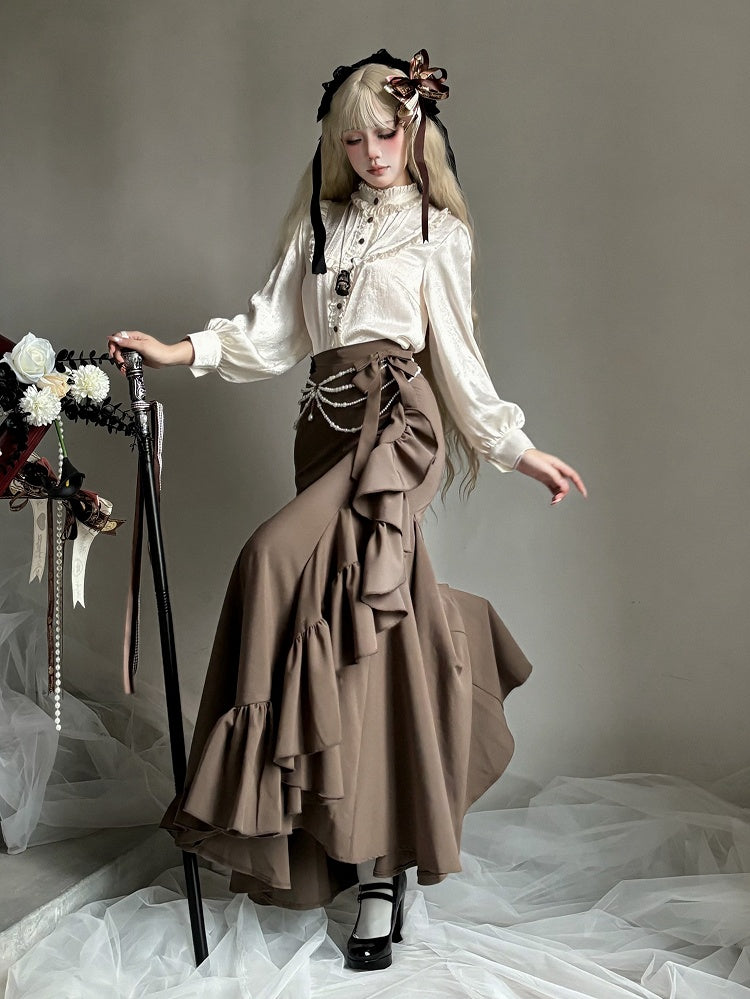 Beige Ruffle Neckline Long Sleeves Shirt