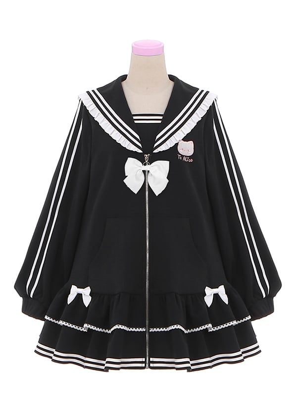 Jirai Kei Black Kitty Embroidery Sailor Collar Zip Closure Landmine Style Dress