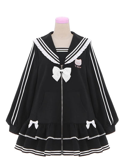Jirai Kei Black Kitty Embroidery Sailor Collar Zip Closure Landmine Style Dress