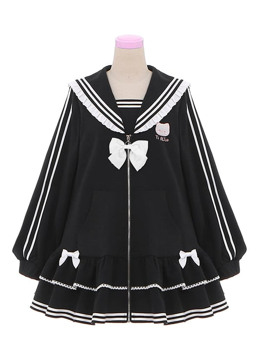 Jirai Kei Black Kitty Embroidery Sailor Collar Zip Closure Landmine Style Dress
