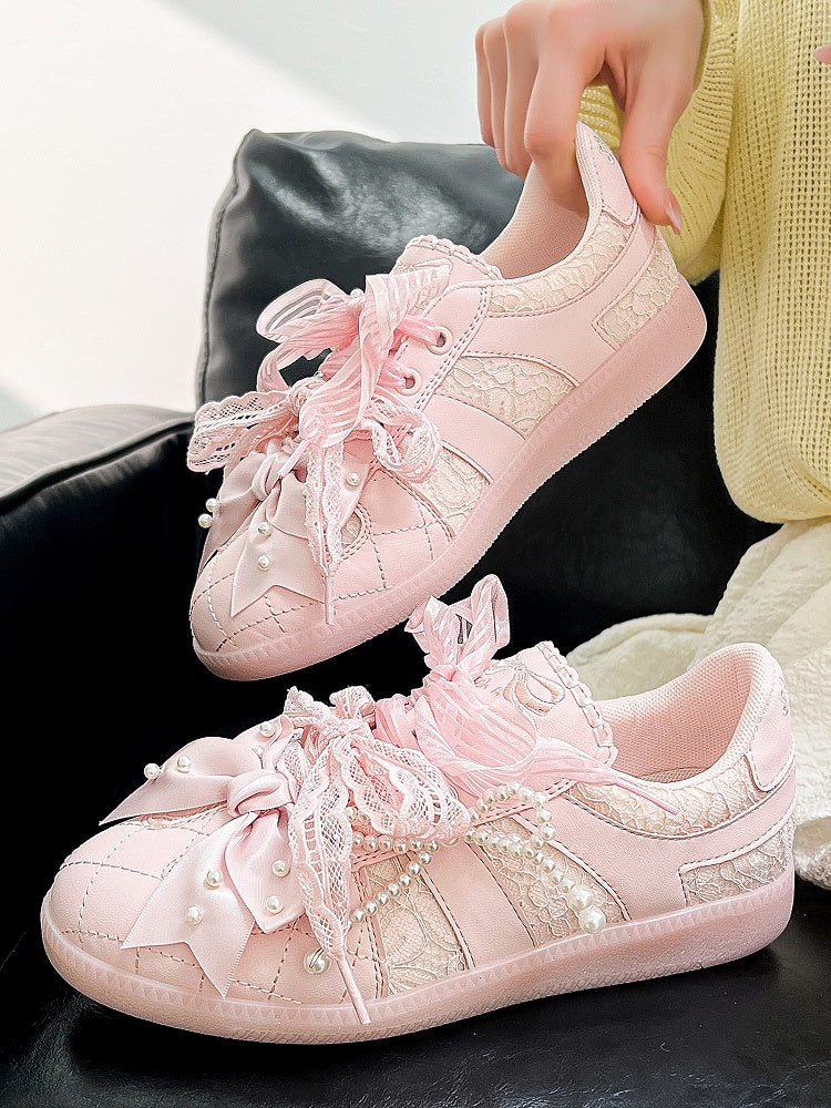 Pink Beaded Decorated Bow at Top Lace Front Lace-up Ties Sneakers