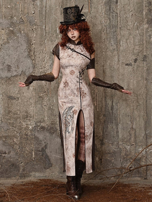 Steampunk Inspired Asymmetrical Sleeves Dragon Embroidery Qipao