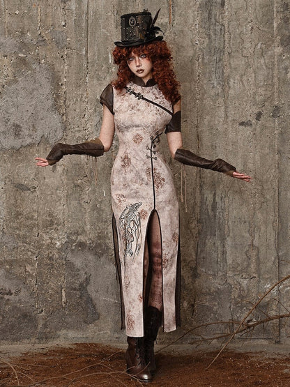 Steampunk Inspired Asymmetrical Sleeves Dragon Embroidery Qipao