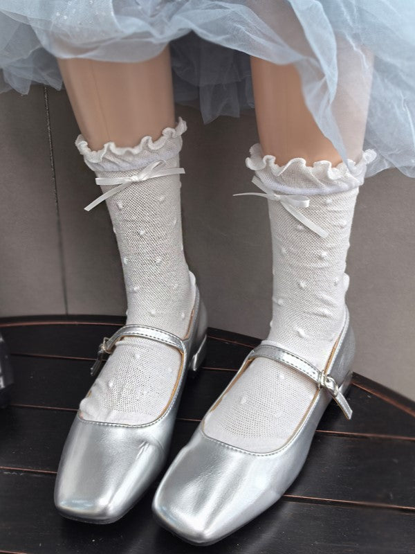 White/Black/Pink/Blue/Yellow Bowknot Details Polka-dot Pattern Ruffled Cuffs Calf Socks