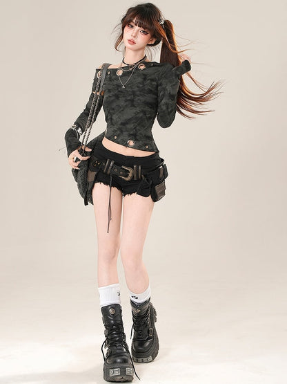 Black Low Rise Super Mini Shorts With Waist Belt