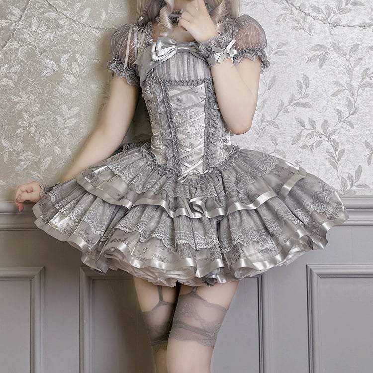 Bunny and Kitty Print Silver Gray Short Puff Sleeves Lolita Corset Dress