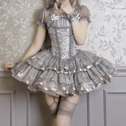 Bunny and Kitty Print Silver Gray Short Puff Sleeves Lolita Corset Dress