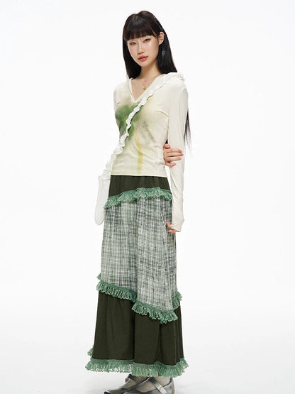 Serenity Sweety Green Plaid Patchwork Skirt with Lace Trim
