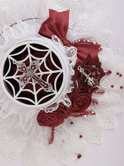 Gothic Cross and Sword White and Red Rosettes Bowknot Mini Flat Hat with Beads